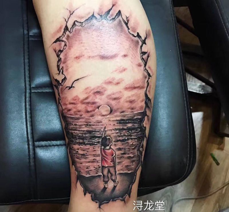 日落朝阳纹身图片_腿部脚部纹身图案