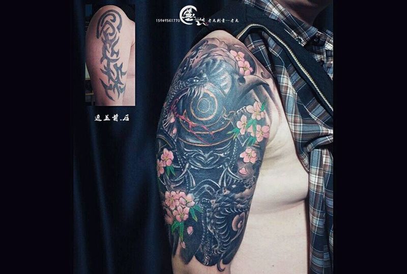 遮盖作品纹身图片_手臂传统遮盖成品纹身图案
