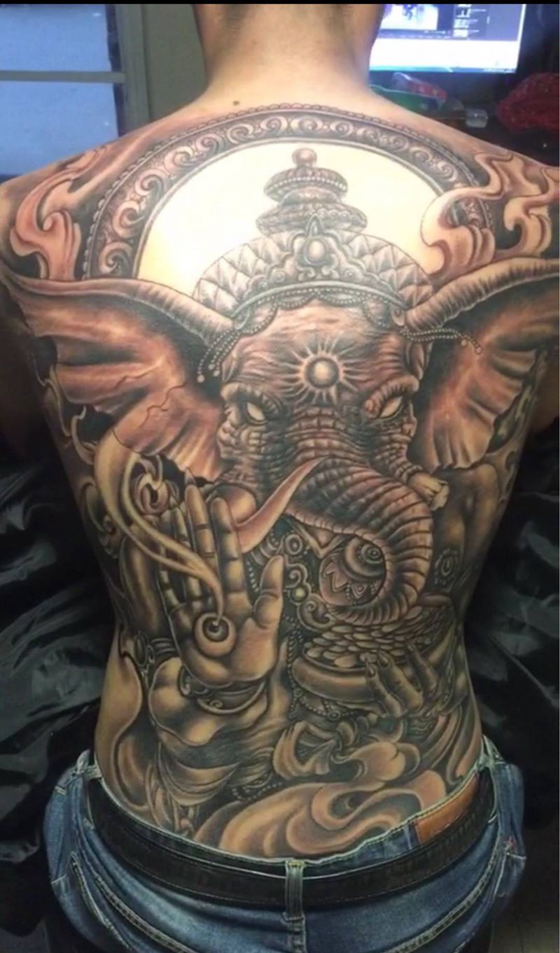 象神纹身图片_成品背部传统鬼神纹身图案