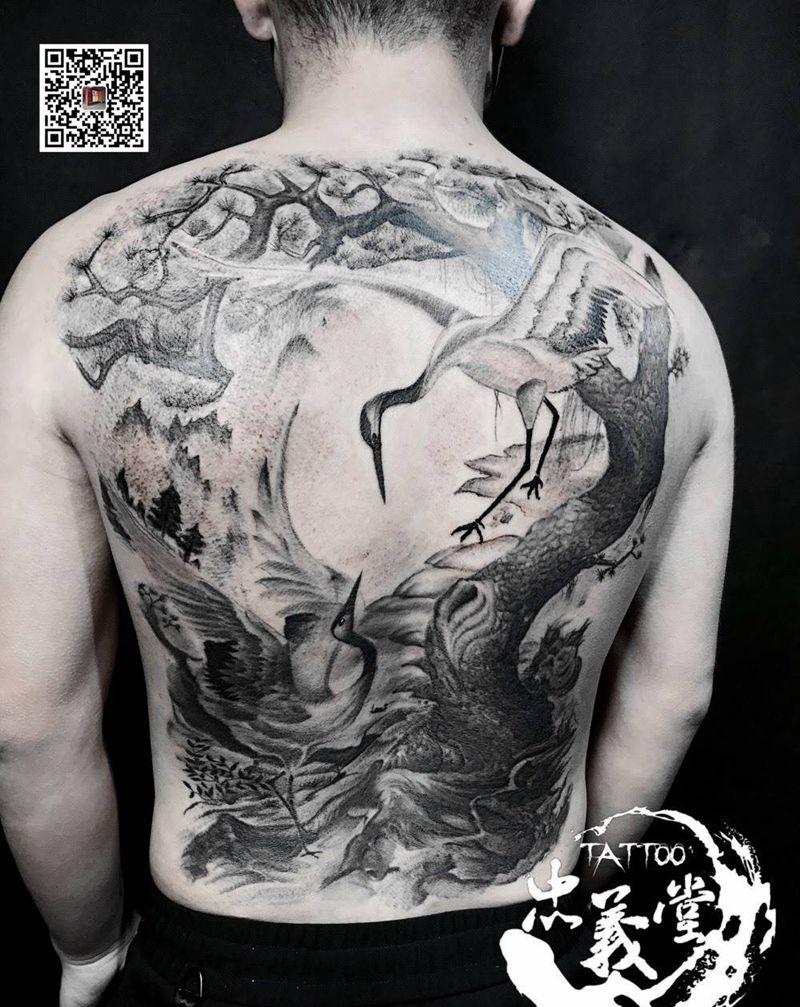 仙鹤延年纹身图片_背部新传统纹身图案