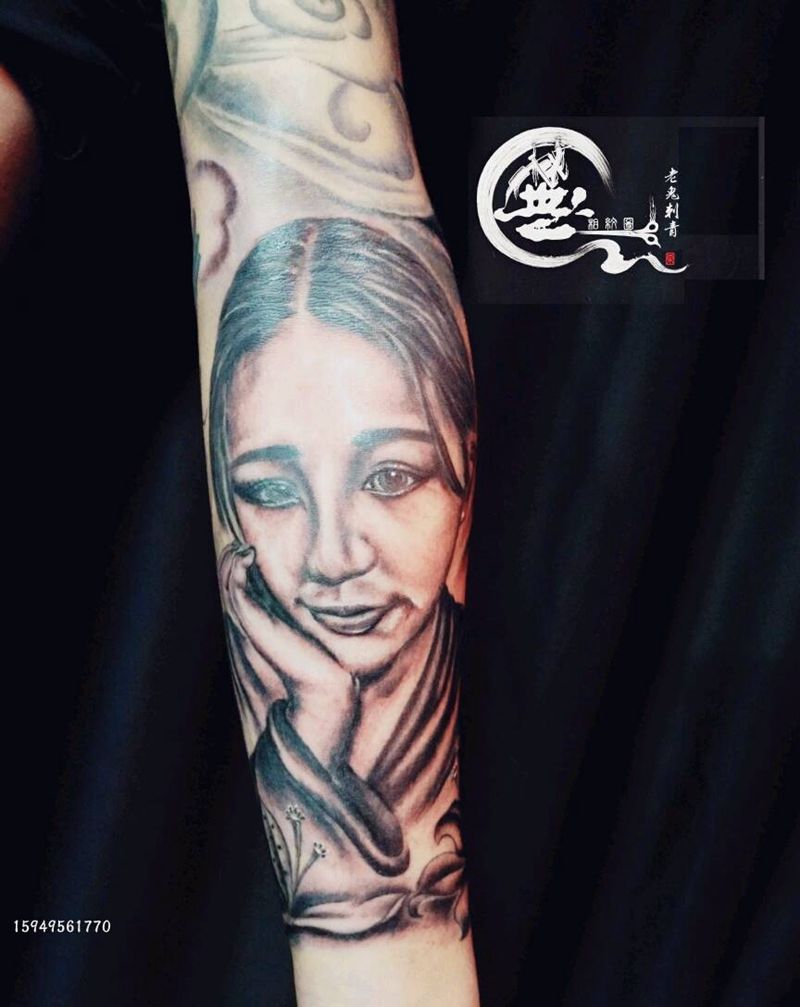 肖像，花臂添加纹身图片_传统肖像成品纹身图案