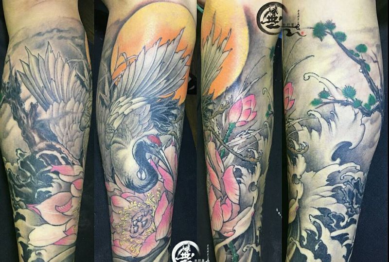 鹤纹身图片_腿部新传统纹身图案
