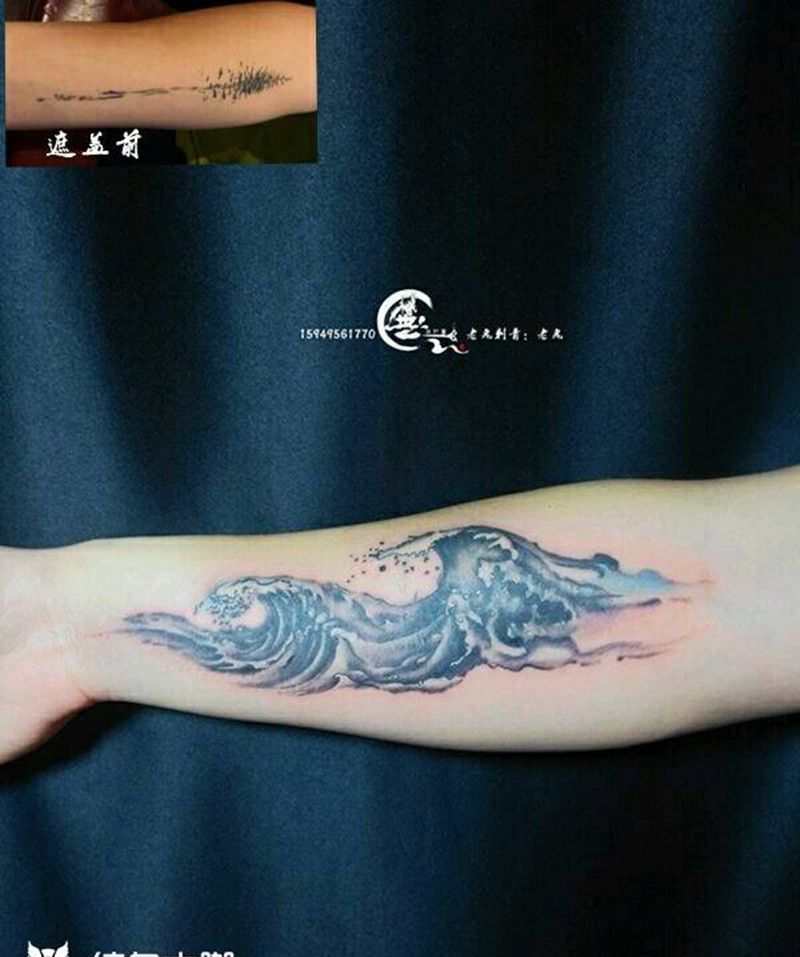 浪花遮盖纹身图片_手臂欧美遮盖原创手稿成品纹身图案