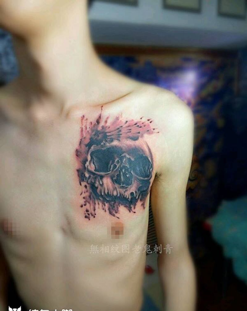 水墨骷髅纹身图片_胸部欧美成品纹身图案