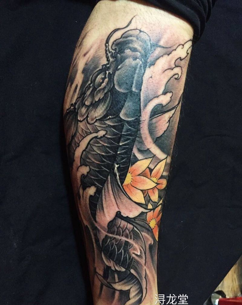 招财锦鲤鱼纹身图片_传统动物原创彩色手臂脚部腿部纹身图案