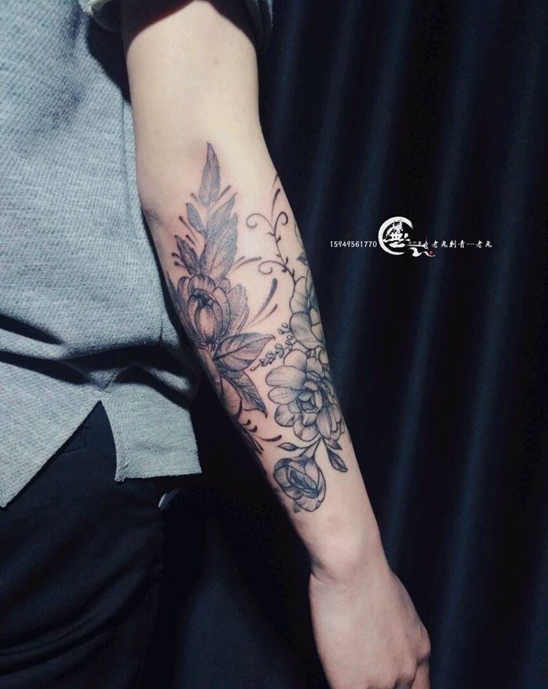 素花纹身图片_手臂花卉成品纹身图案