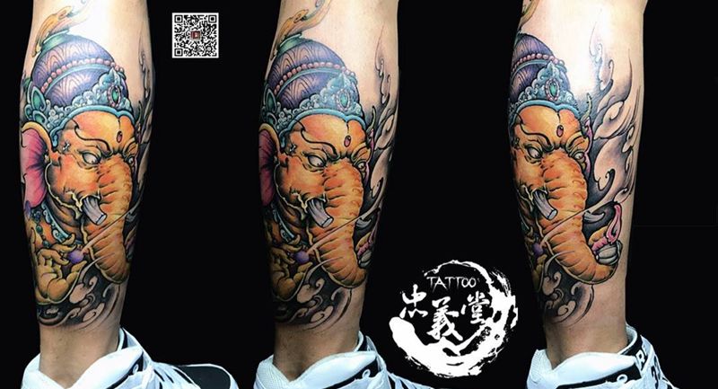 象神纹身图片_腿部脚部新传统纹身图案