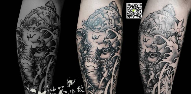 象神纹身图片_成品腿部传统动物纹身图案