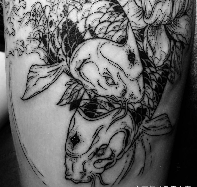 插画风格 招财猫与鱼纹身图片