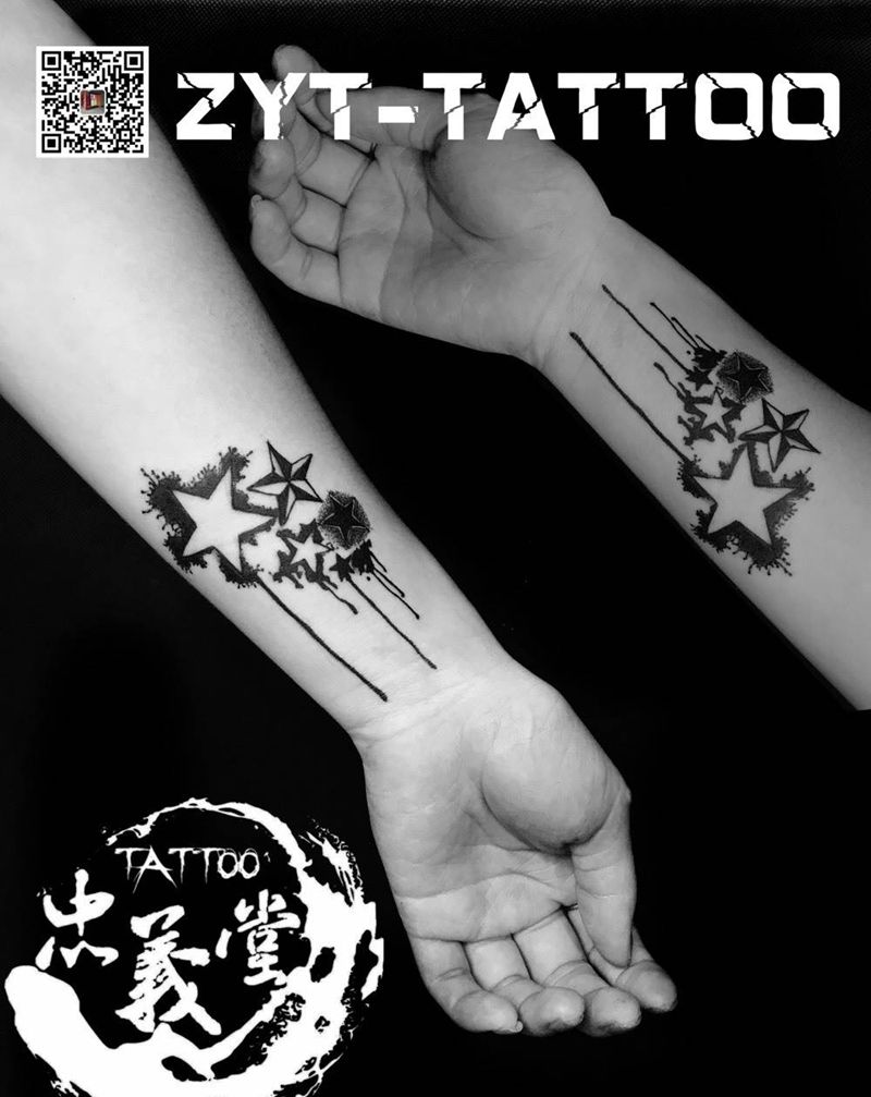 泼墨小清新纹身图片_成品手臂手部传统清新写实字符纹身图案