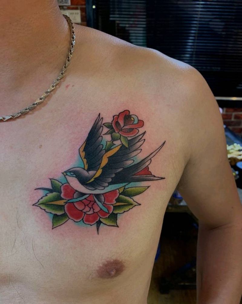 燕子纹身图片_胸部Old SchoolNew School纹身图案