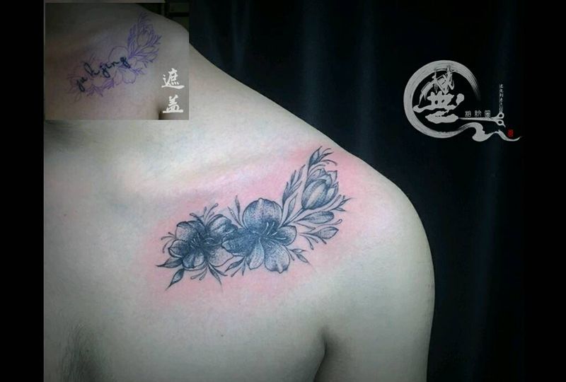 素花遮盖纹身图片_肩部素花纹身图案