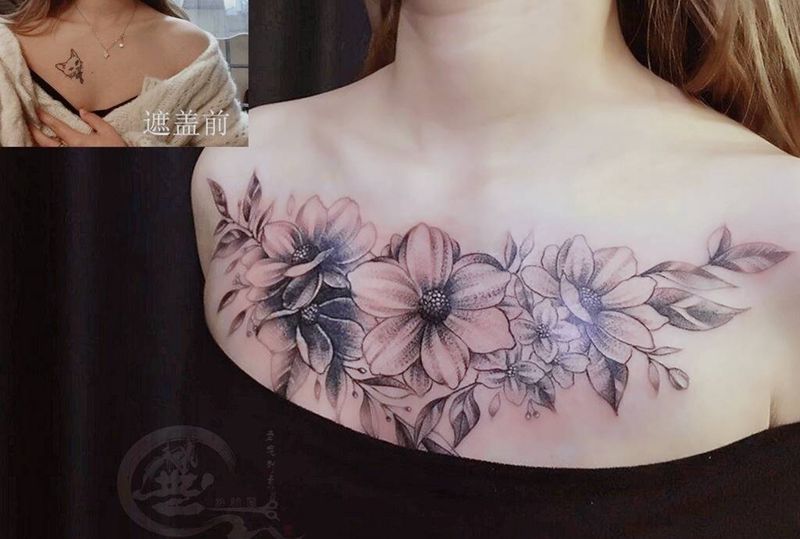 素花遮盖纹身图片_胸部素花纹身图案