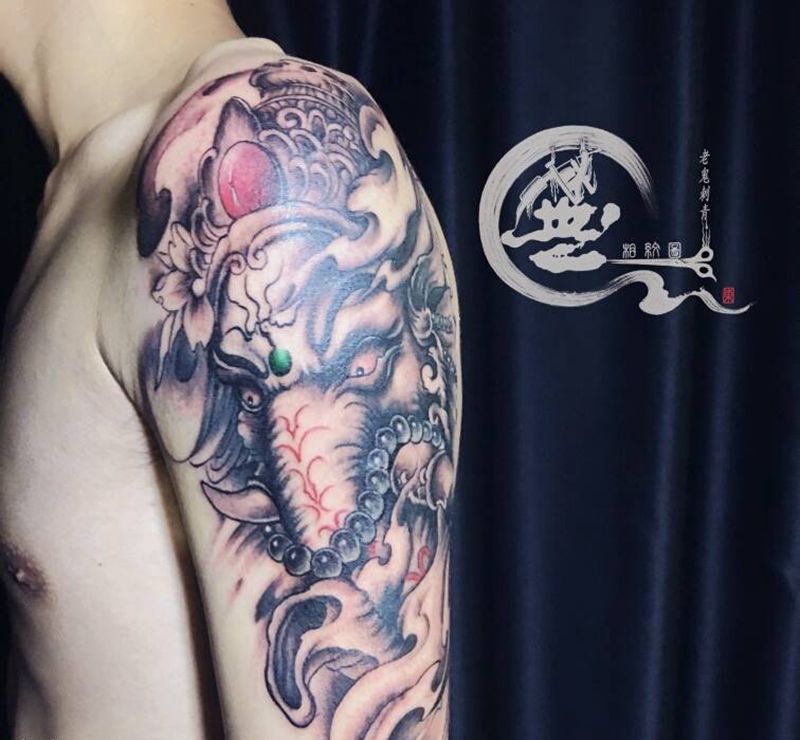 象神纹身图片_手臂新传统纹身图案