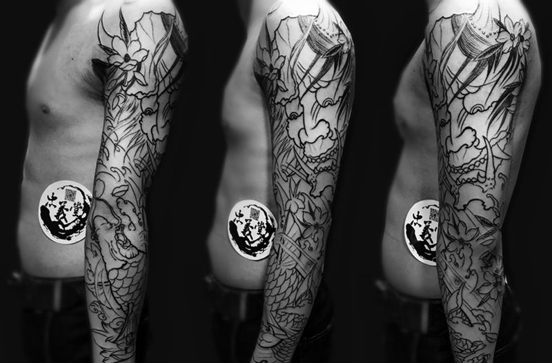 花臂线条纹身图片_手臂新传统纹身图案