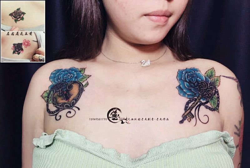 盖中盖作品纹身图片_肩部欧美原创遮盖成品纹身图案