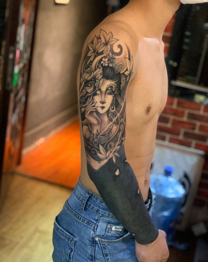 艺姬黑臂！纹身图片_手部新传统纹身图案