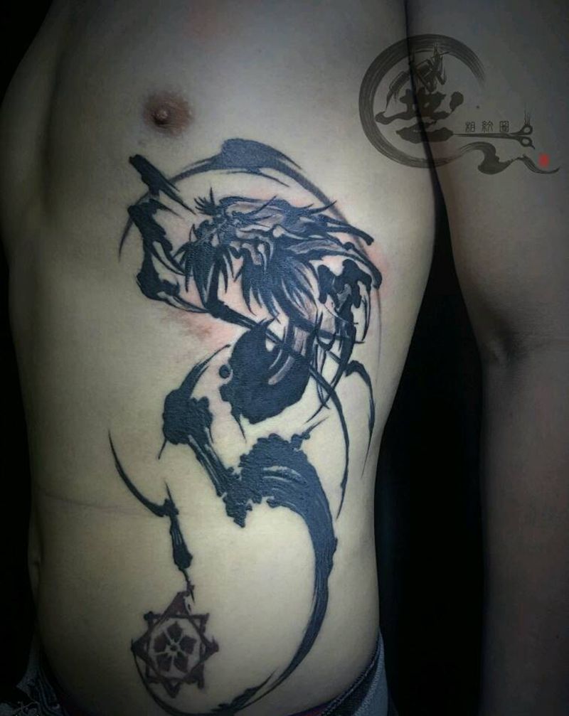 水墨龙纹身图片_腰部水墨纹身图案
