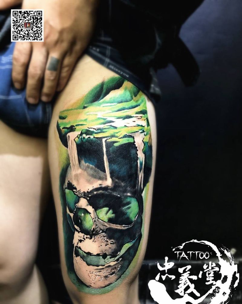 写实骷髅纹身图片_腿部欧美写实纹身图案