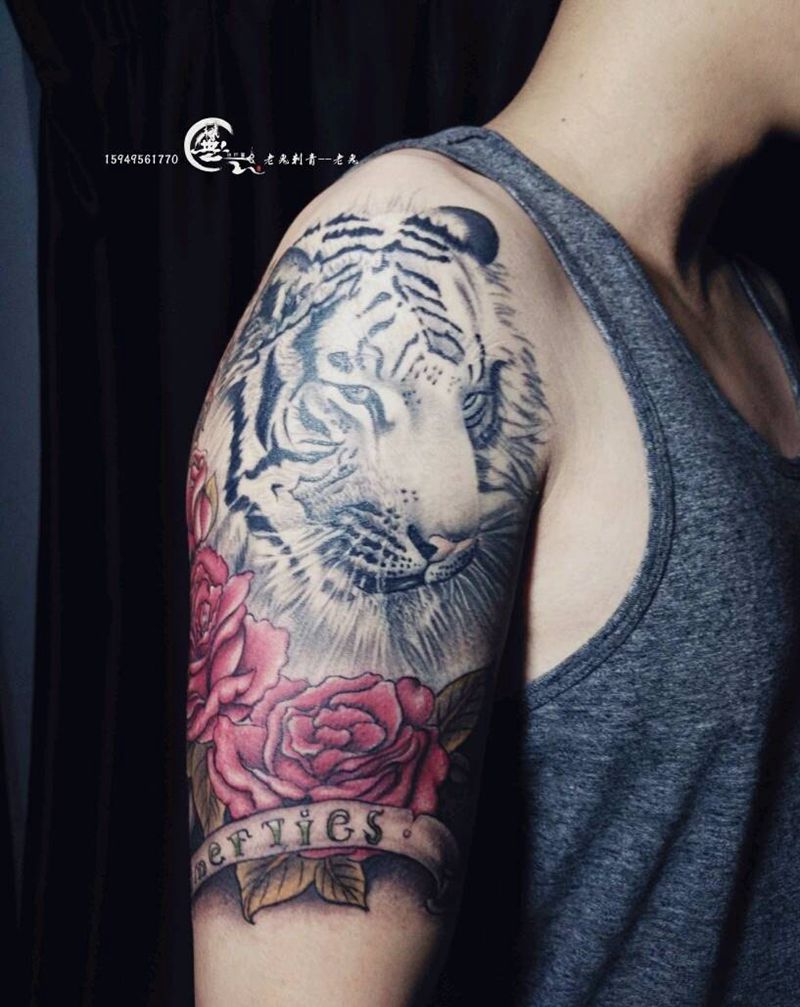 虎纹身图片_手臂欧美动物成品纹身图案
