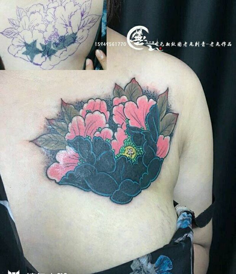 遮盖作品纹身图片_胸部传统遮盖成品纹身图案