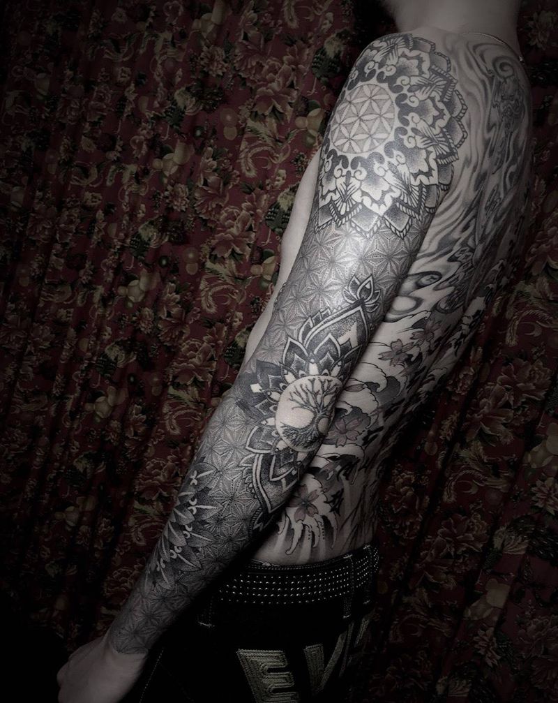 点刺花臂纹身图片