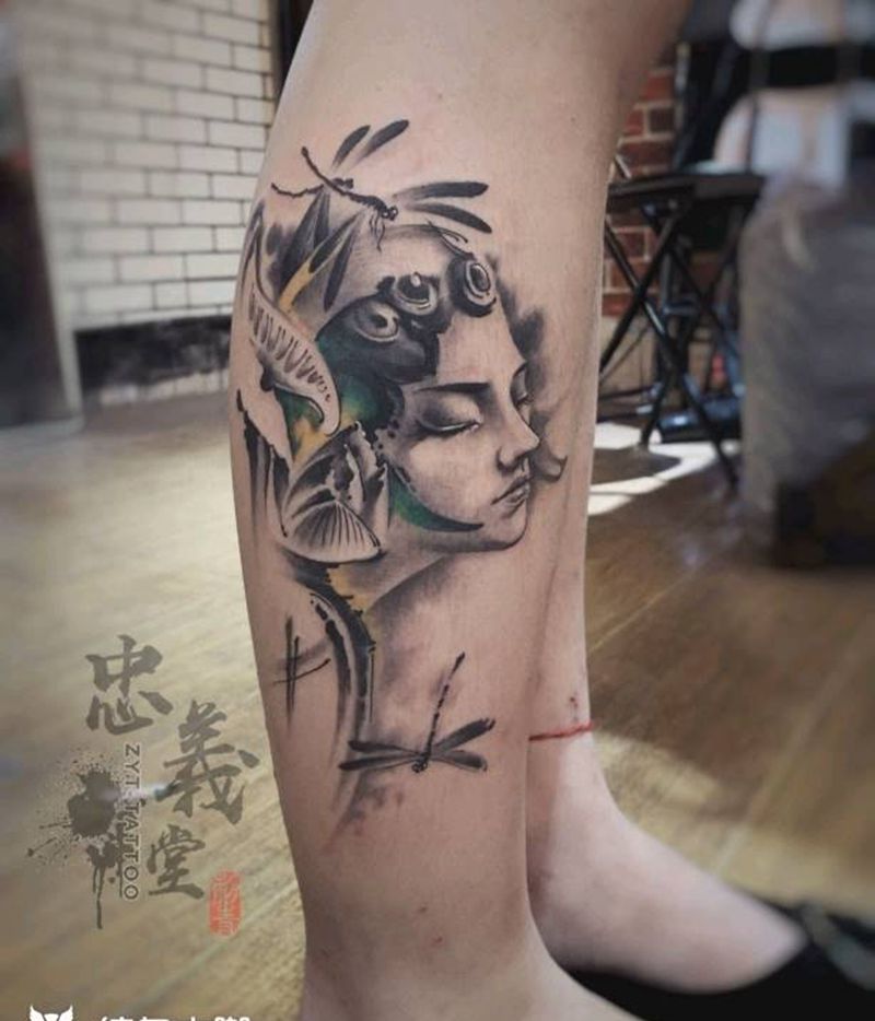 水墨丹青纹身图片_脚部水墨纹身图案