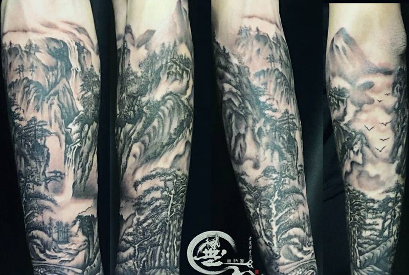 山水包小臂纹身图片_手臂水墨传统纹身图案