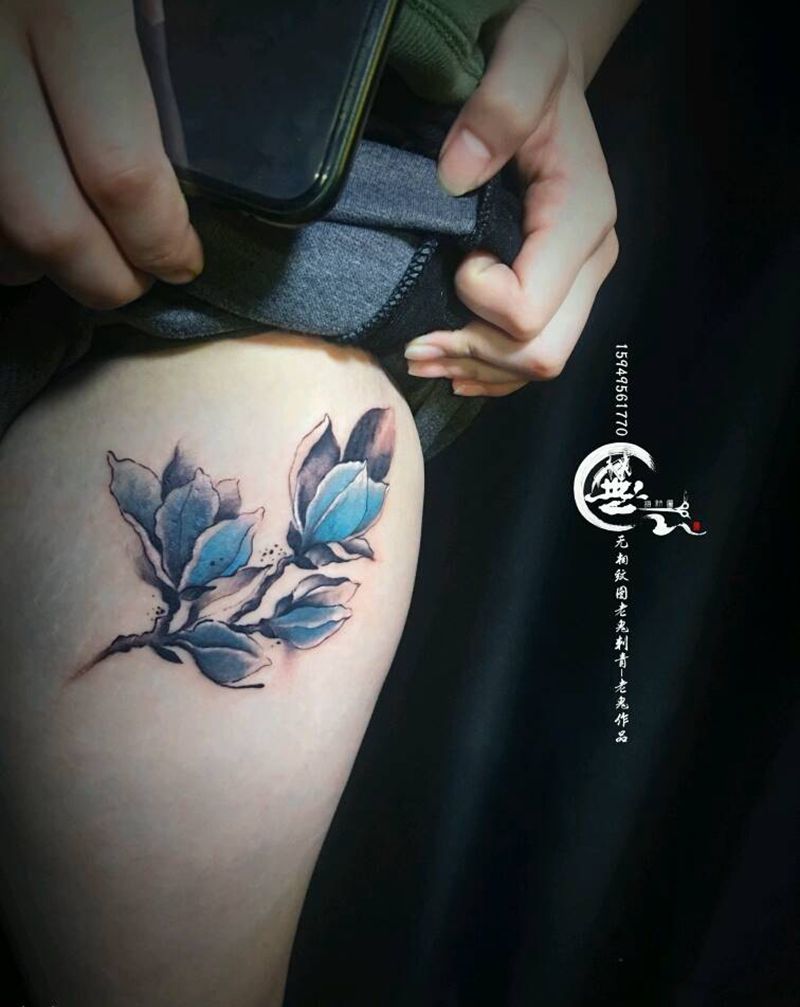 水墨彩纹身图片_腿部水墨纹身图案