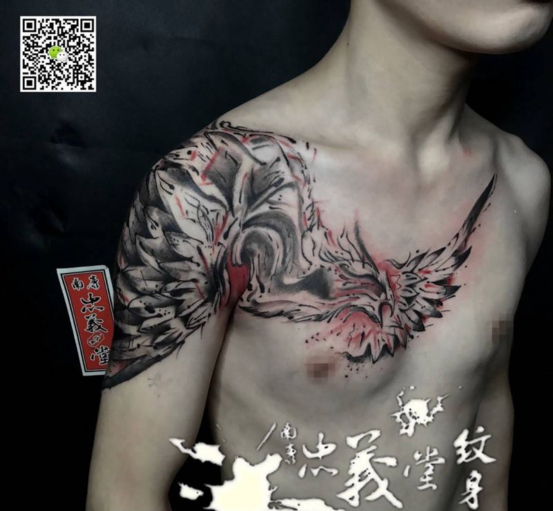 水墨凤凰纹身图片_成品肩部传统写实清新国画肖像欧美几何鬼神纹身图案