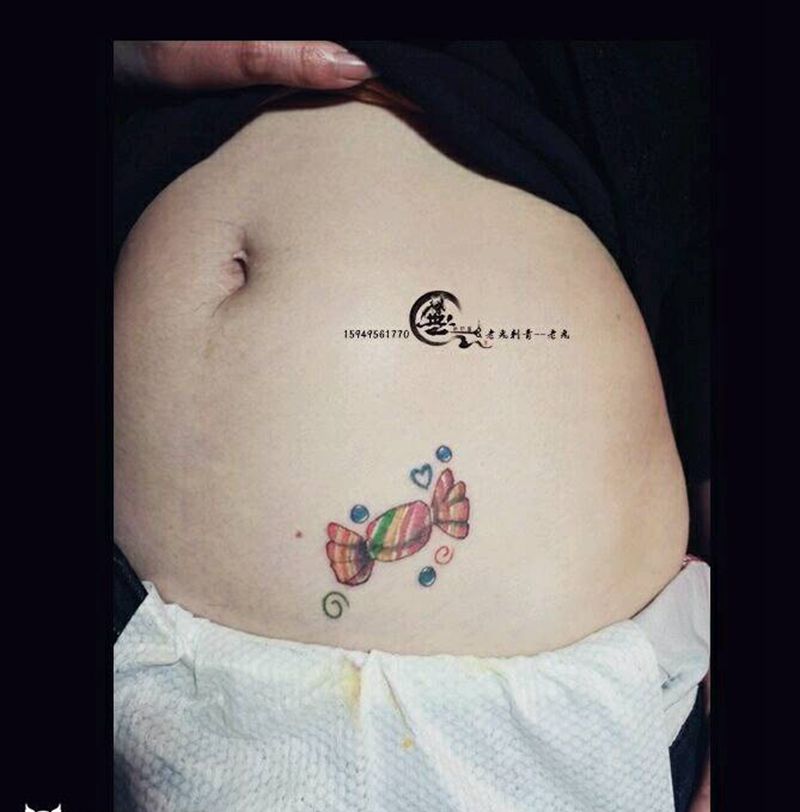 糖果纹身图片_腹部清新成品纹身图案