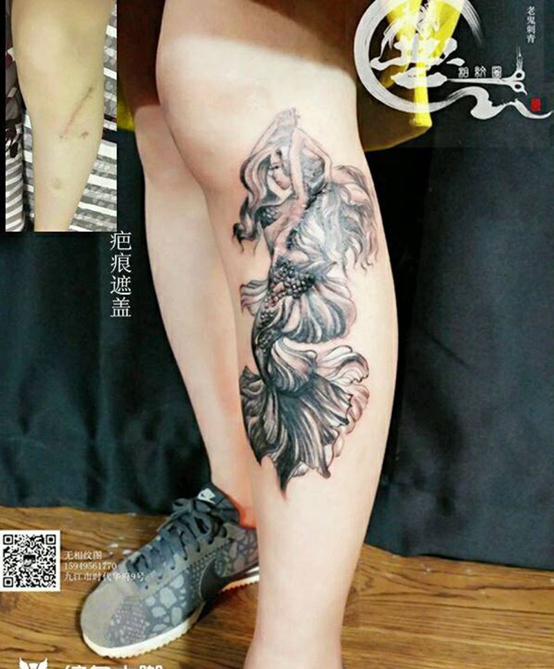 疤痕遮盖纹身图片_腿部欧美成品纹身图案