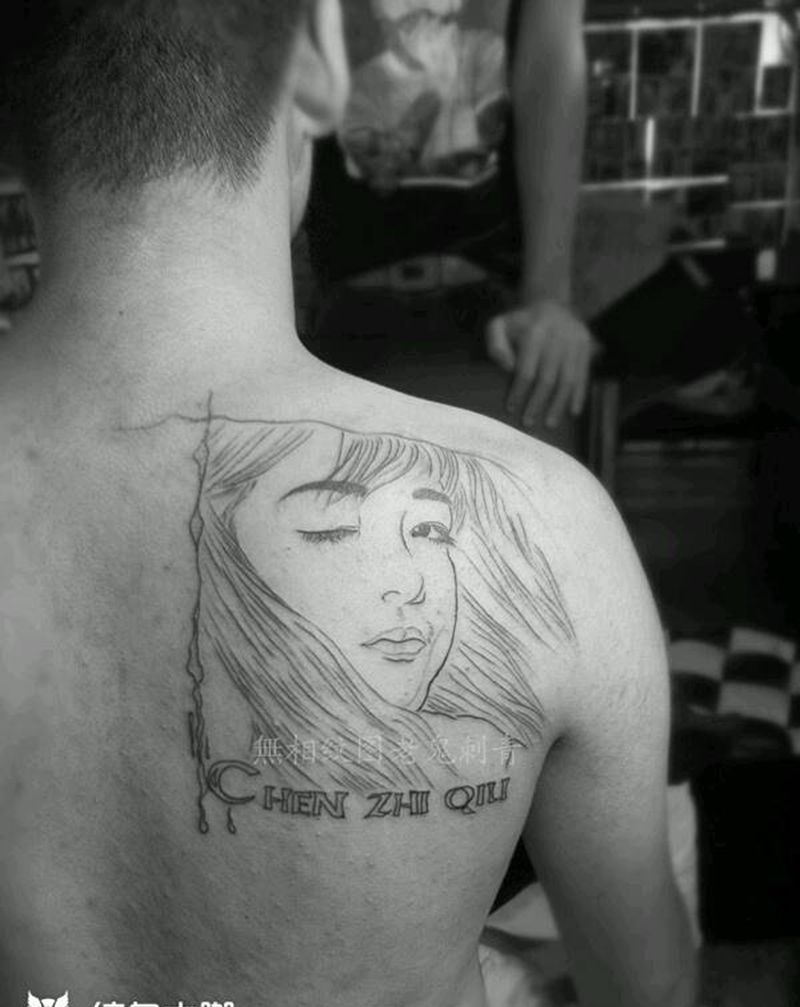 线条头像纹身图片_肩部人物成品纹身图案