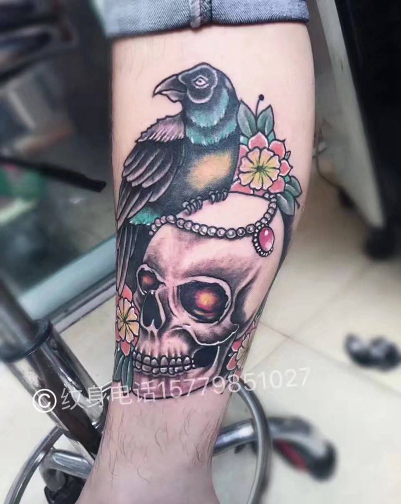 骷髅乌鸦纹身图片_欧美彩色宗教鬼神肩部手臂臀部背部腿部脚部纹身图案