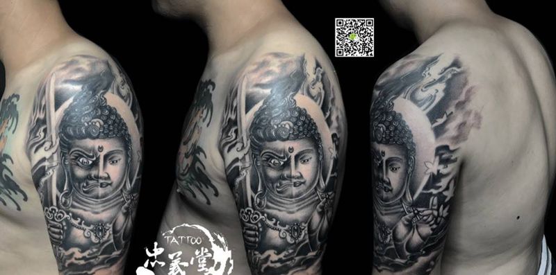 不动明王纹身图片_成品传统人物原创鬼神手臂纹身图案
