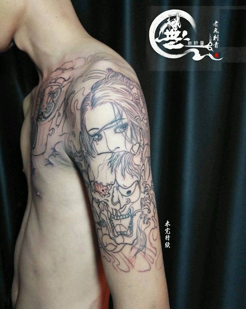 半甲纹身图片_胸部手臂传统成品纹身图案