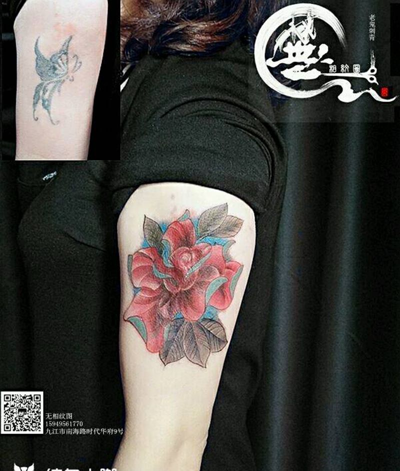 盖中盖纹身图片_手臂花卉遮盖成品纹身图案