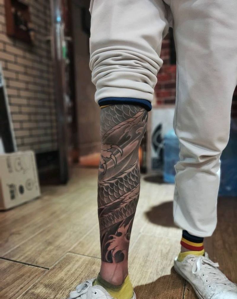 龙腿纹身图片_腿部老传统纹身图案