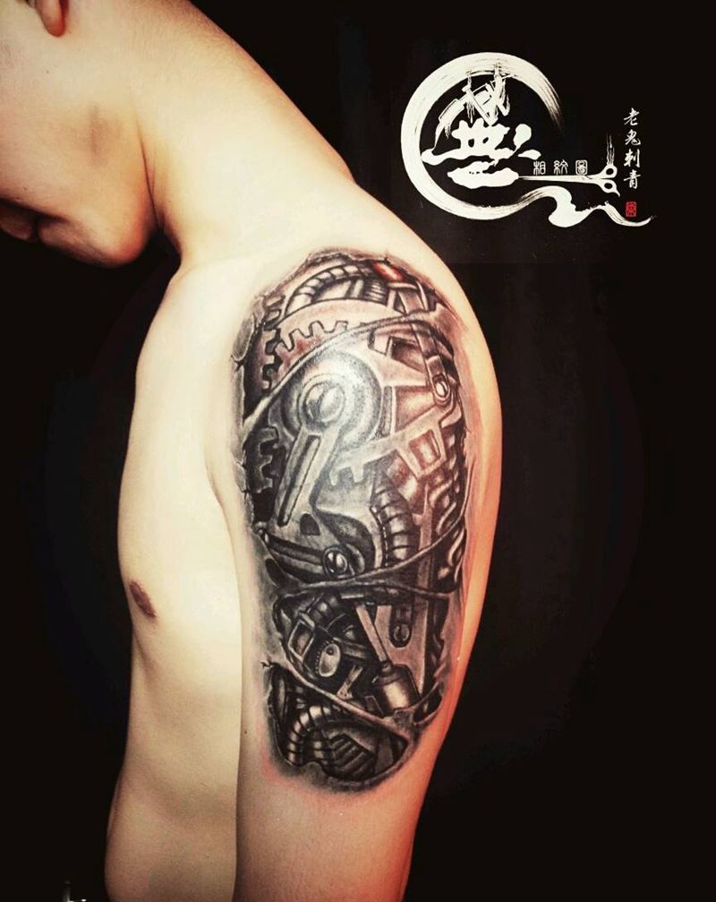 机械，遮盖作品纹身图片_手臂欧美遮盖成品纹身图案