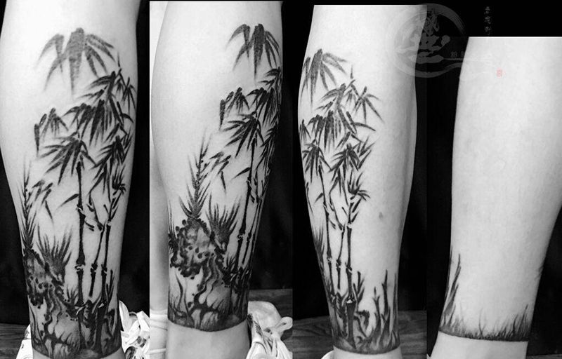 水墨竹纹身图片_腿部纹身图案