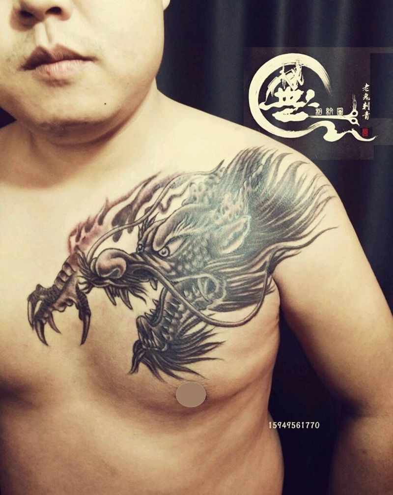 龙头纹身图片_胸部传统成品纹身图案