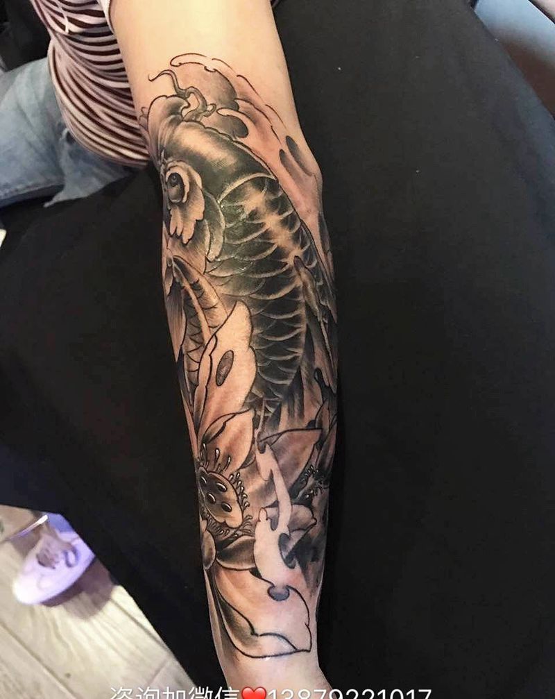 鱼，花，纹身图片_传统动物植物手臂腿部纹身图案