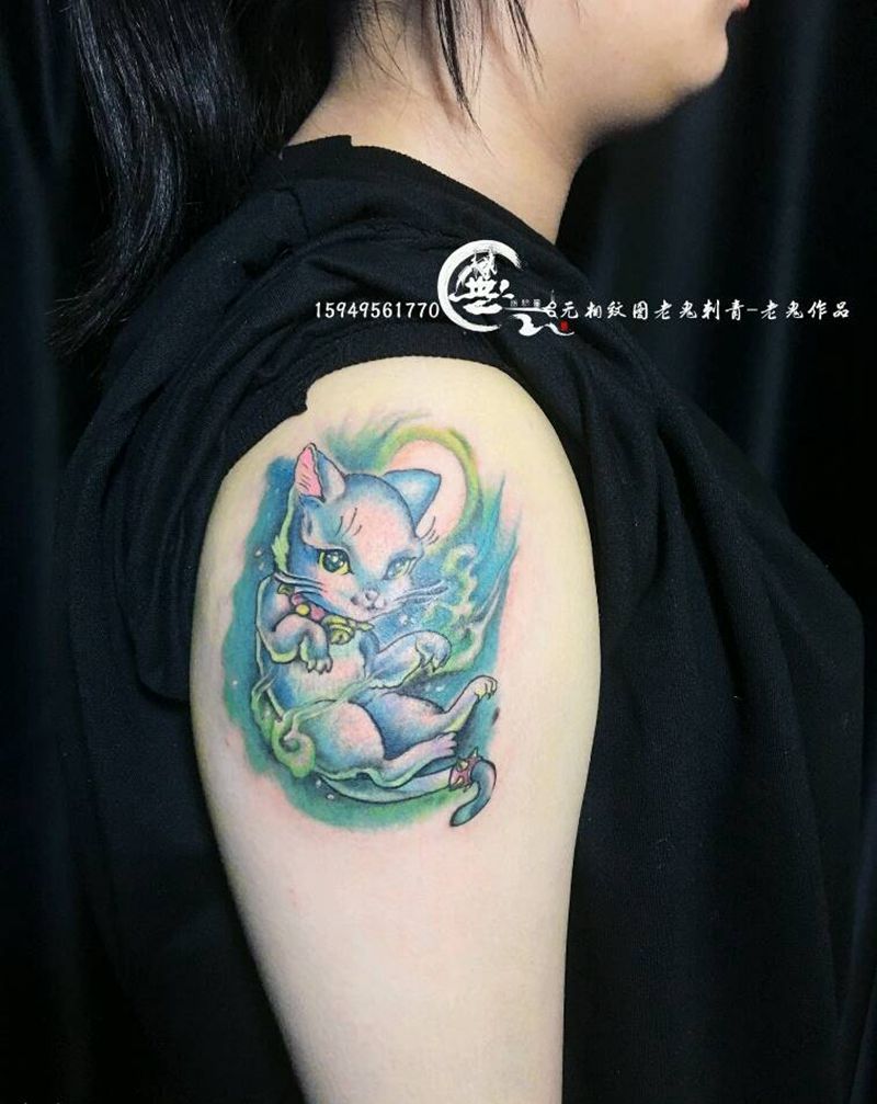 猫纹身图片_手臂水彩纹身图案