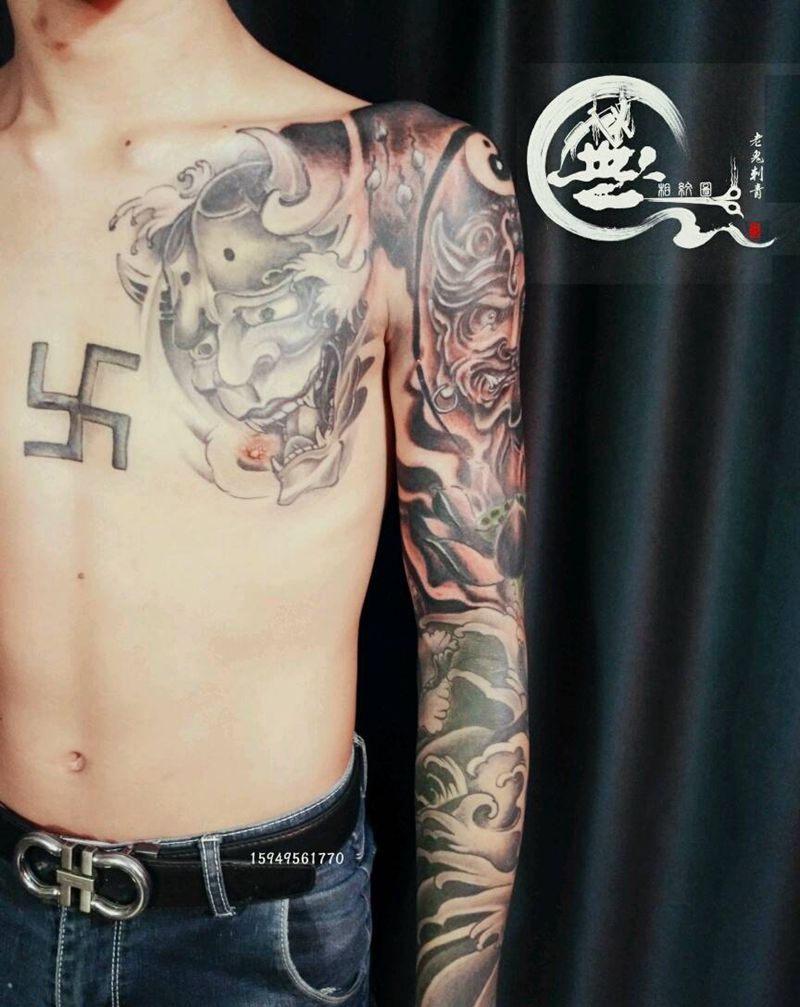 传统花臂纹身图片_胸部手臂传统成品纹身图案