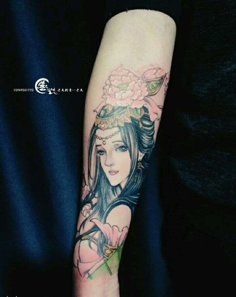 古风美女纹身图片_手臂传统人物成品纹身图案