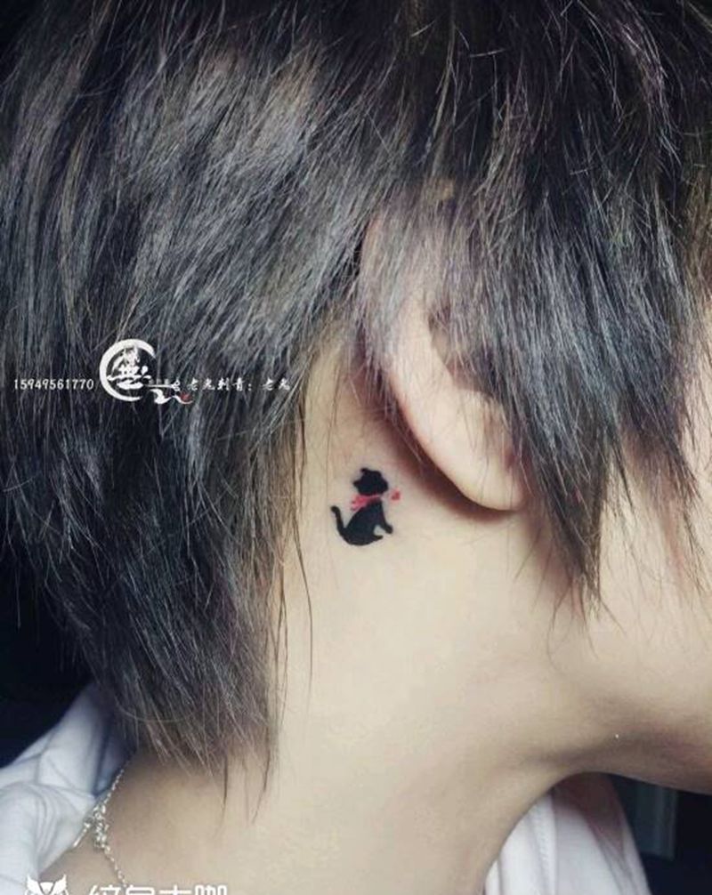 耳后小猫纹身纹身图片_颈部清新成品纹身图案
