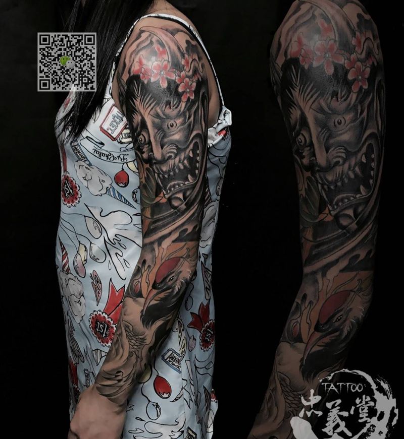 花臂纹身图片_成品手臂传统人物鬼神遮盖纹身图案