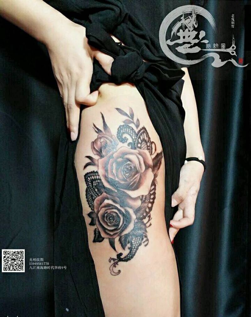 玫瑰纹身图片_腿部欧美花卉成品纹身图案