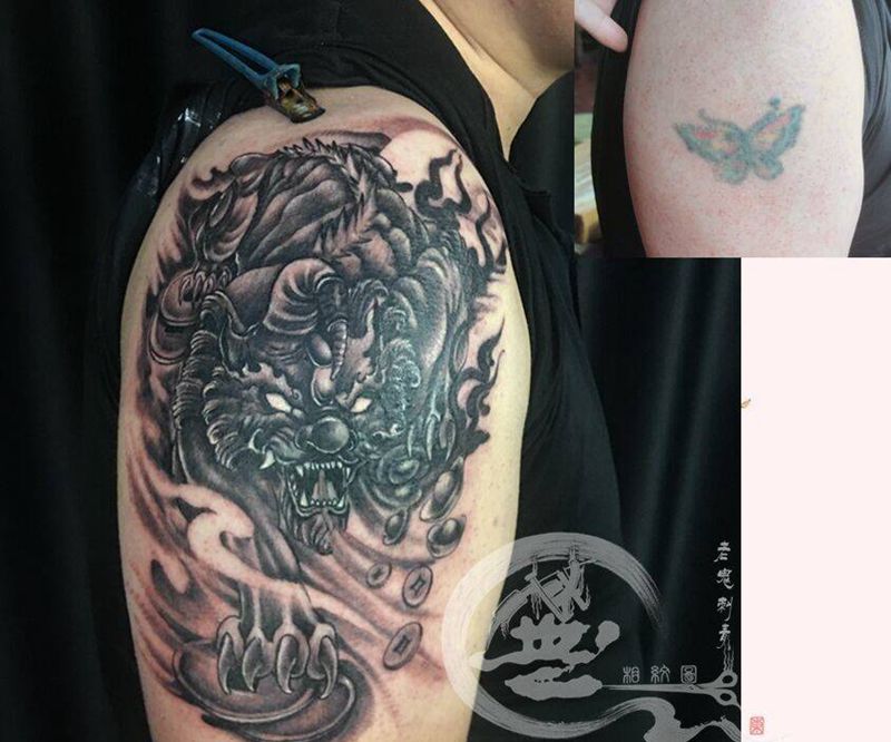 貔貅遮盖纹身图片_手臂老传统纹身图案