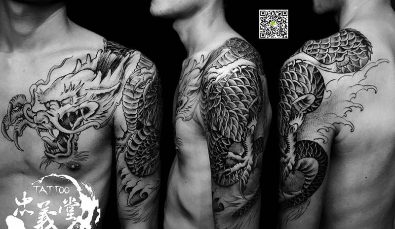 过肩龙纹身图片_成品手臂传统动物纹身图案